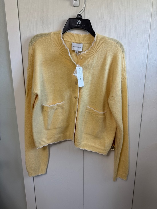 Pink Rose Sweaters - Pink Rose Soft Pale Yellow Button Cardigan with White Trim